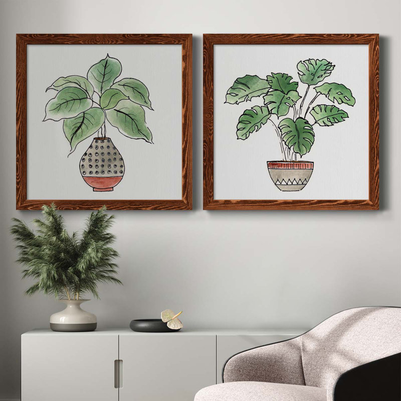 Boho Greenery I - ensemble de 2 peintures sur toile encadrées, H 27,5 po x l 55 po x P 1,5 po, Érable encadré