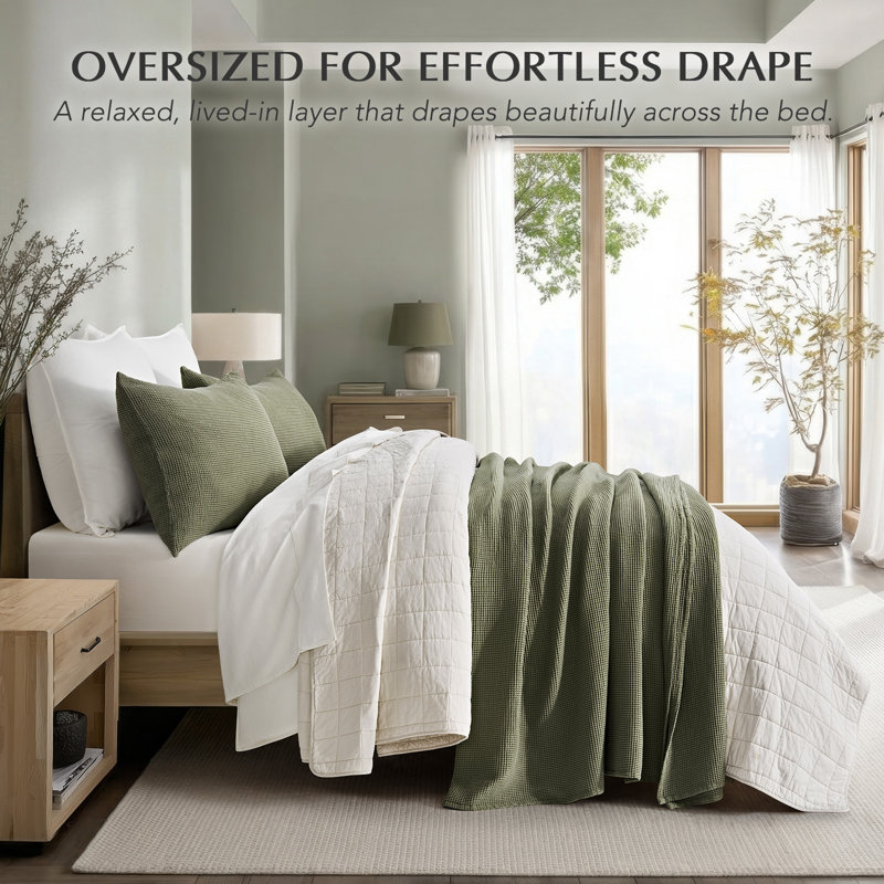 Evergrace 100% Cotton Waffle Weave Coverlet Set With Matching Shams, Lightweight Breathable All-Season Bedding, Olive Green