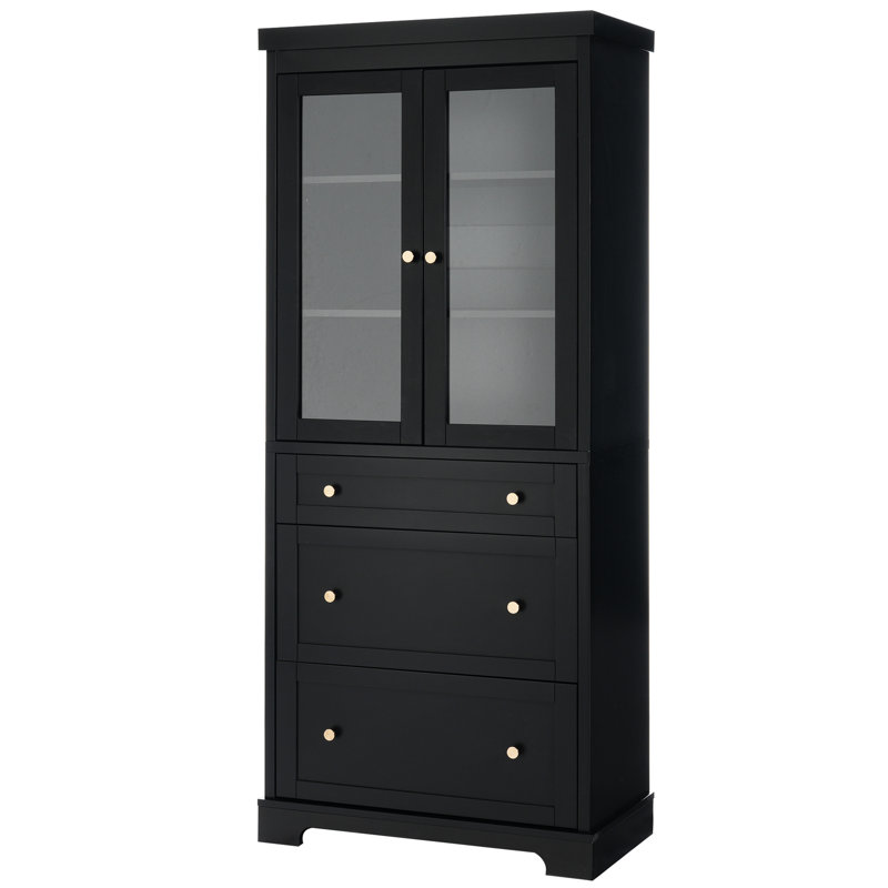 Grande armoire de rangement autoportante de 70,1 po avec 3 tiroirs, 2 tablettes réglables, des portes en verre à fermeture en douceur, convient à la salle de bain, au salon, à la cuisine, à la salle de bain moderne, à la quincaillerie et à la quincaillerie