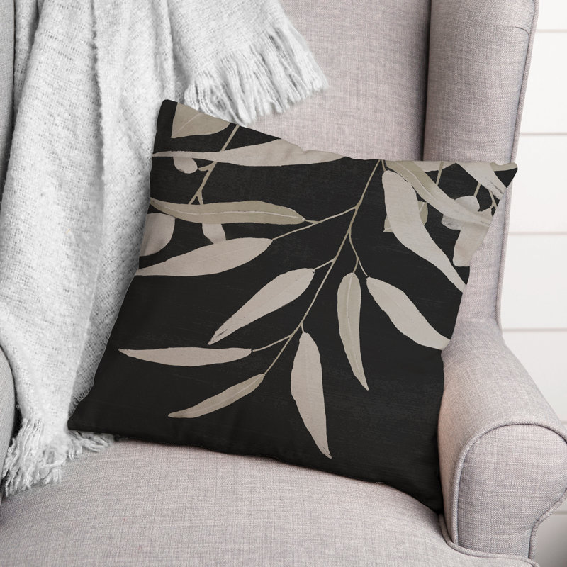 Black and Beige Botanical Print Square Throw Pillow
