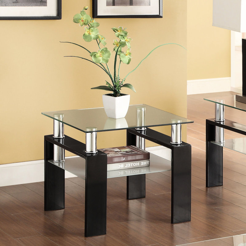 Square 1-Shelf Black End Table With Glass Top, Simple Design, Adapts To Furniture Styles Top Table, Timeless Style, Ideal For Organization