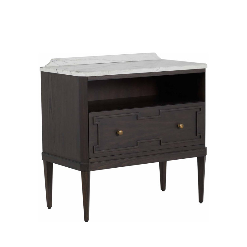 Glenwood 1 - Drawer Solid Wood Nightstand, Forest Black/Agros White Stone/Brass