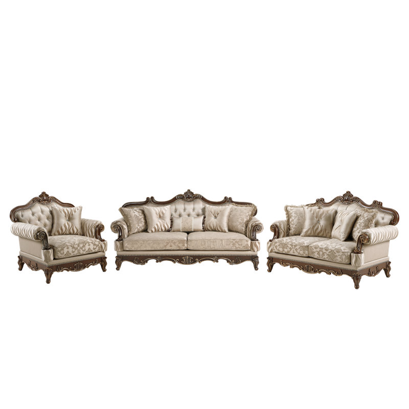 Ensemble de salon en treillis 3 pièces beige et noyer, 3 pièces: chaise, causeuse, canapé
