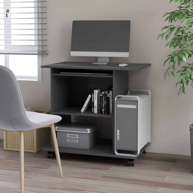 Computer Desk Gray Engineered Wood Compact Desk with Sliding Components Space-Saving Workstation