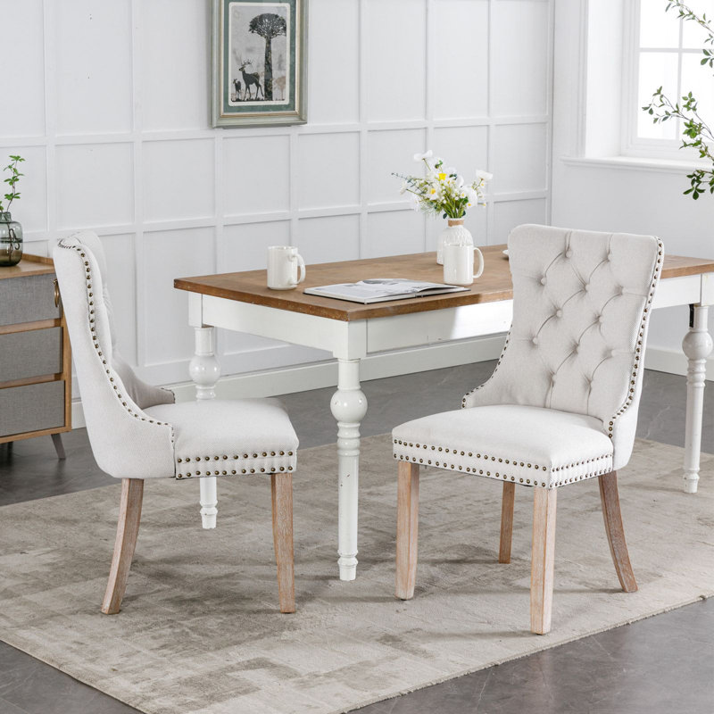 Chaise rembourrée Damine, Lin beige, Marron foncé