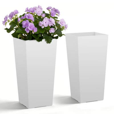 Tall Planters, 22 Inch Large Outdoor Taper Planters for Outdoor Indoor Plants, Front Porch Plastic Modern Flower Pots with Casters, Inner Pot & Drainage Holes for Patio, Garden, White