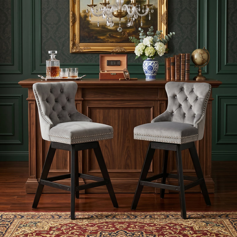 Set Of 2 Bar Stools,  Velvet Swivel Stools With Button Tufted Backs And Wood Legs, Chrome Nailhead Trim Accent, Gray