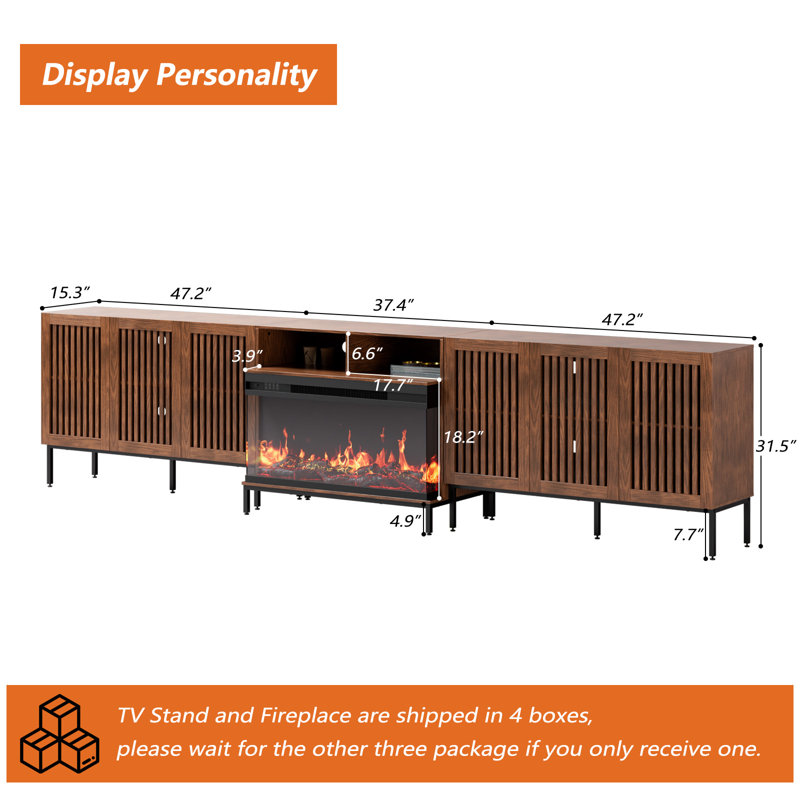 3-sided Glass Farmhouse Fireplace Tv Stand For Tvs Up To 110 Inch, Entertainment Center With 36" Electric Fireplace, Brown Tv Console With Storage Cabinets For Living Room