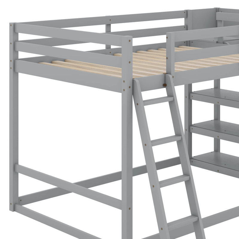 Lit superposé double au-dessus de double avec échelle, glissoire et tablettes, Gris