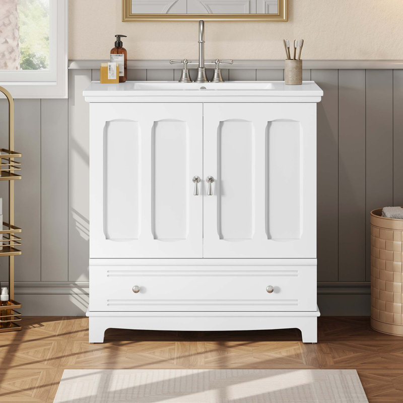 Meuble-lavabo de 30 po avec cadre en céramique et meuble-lavabo avec tablette réglable et tiroir, Blanc