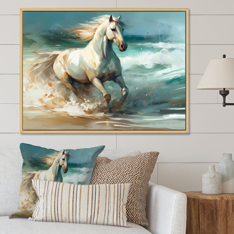 Cheval sur la plage II - art mural cheval pour le salon, H 34 po x l 44 po, Cadre naturel flottant