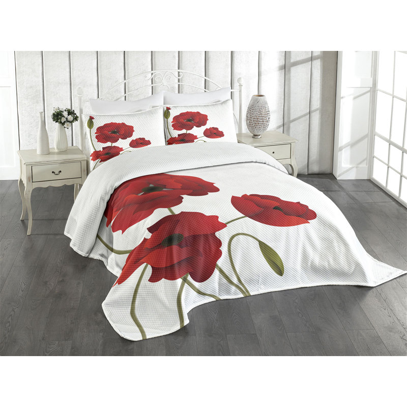 King Size Red Floral Polyester Bedspread Set