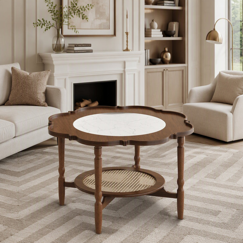 Table basse en forme de pétale de style Mid-Century avec verre craquelé blanc et rotin, rangement à 2 niveaux, Noyer