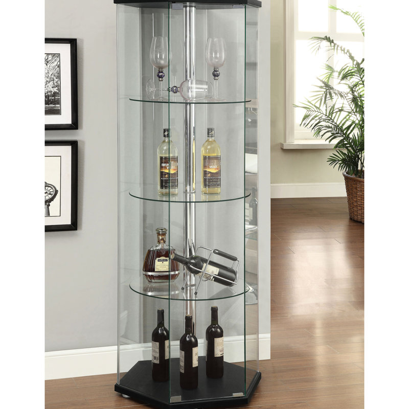 Vitrine à 4 tablettes en verre noir avec forme hexagonale pour la présentation dans les pièces principales