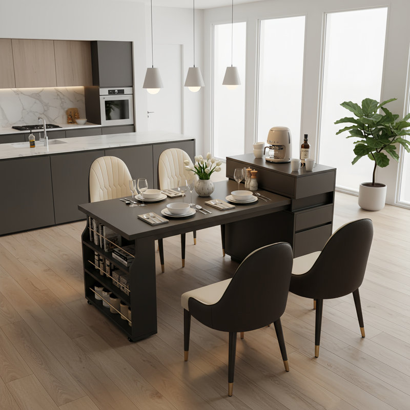 Ensemble d'îlot de cuisine et de bureau noir moderne avec rangement mobile, tiroirs et tablettes ouvertes