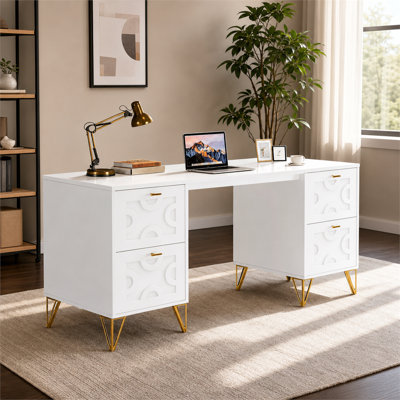 Wood Computer Desk with File Drawers, Executive Desk for Home Office