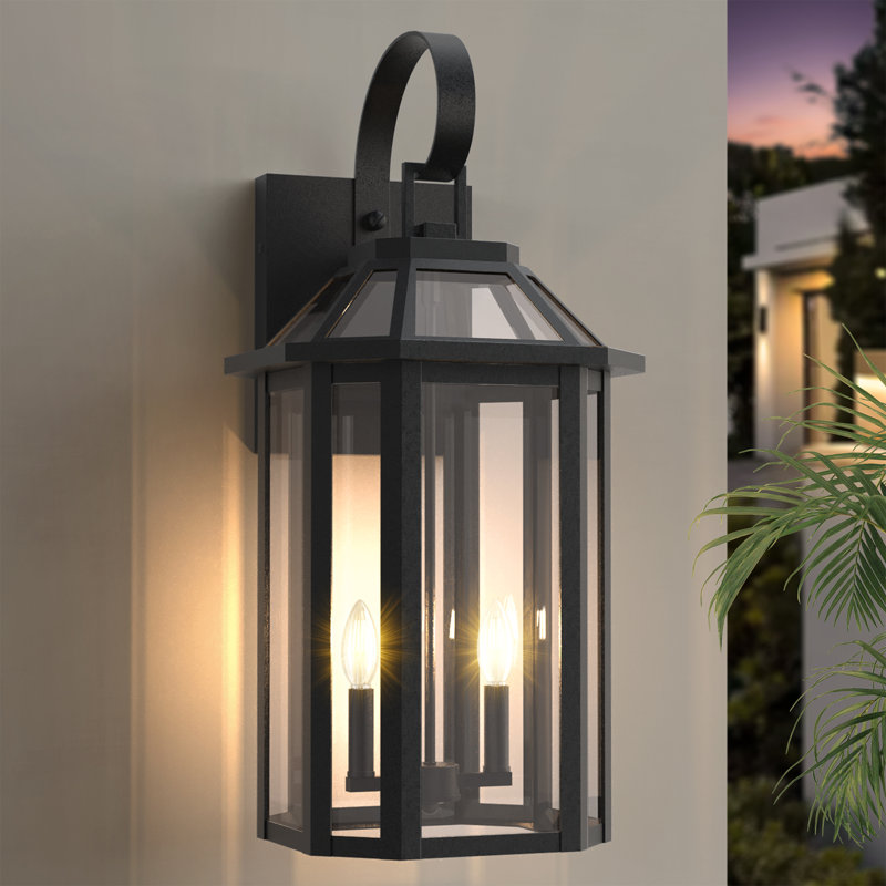 Lanterne murale d'extérieur en fer noir 2 lumières 26 "avec verre trempé H
