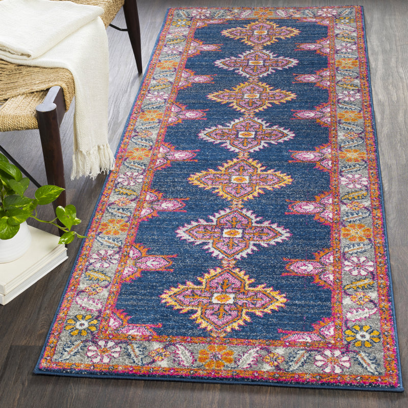 Tapis oriental bleu / orange Adelia, Tapis de couloir 2 pi 7 po x 7 pi 3 po