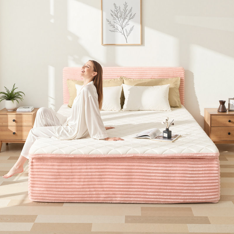 Compression Packed All-in-one Plush Upholstered Platform Bed With Built-in Foam Mattress, Queen, Queen, Pink