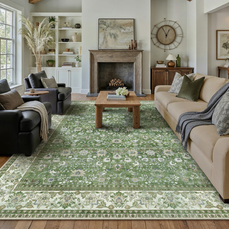  Kitty Machine Washable Oriental Area Rug with Non-Slip Backing, Rectangle 8' x 10', Light Green