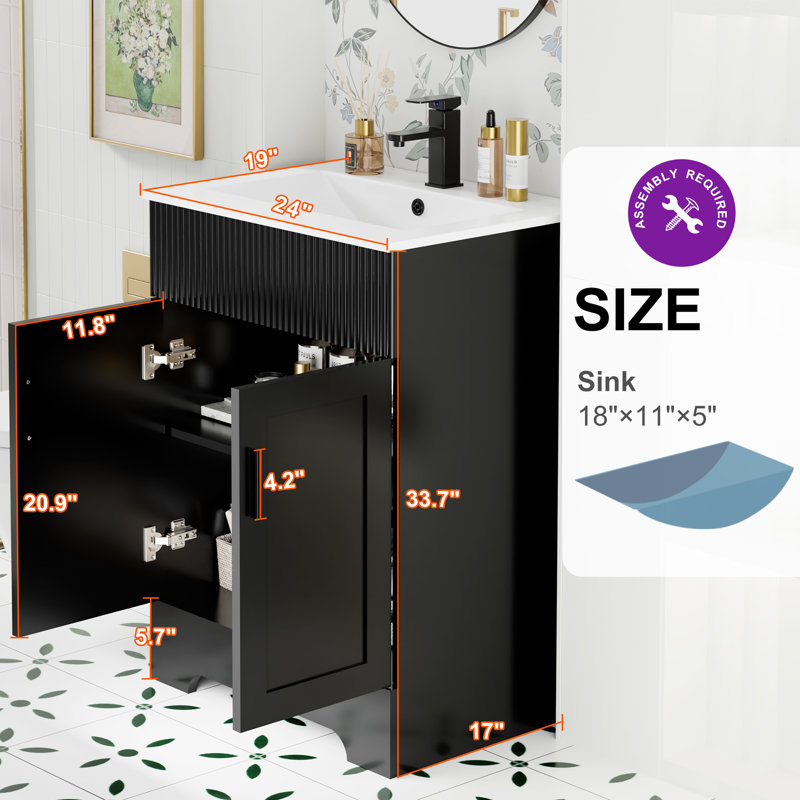Breonica 24" Mid Century Modern Single Bathroom Vanity with Ceramic Sink Top, Zinc Alloy Faucet, Painted Surface, Black