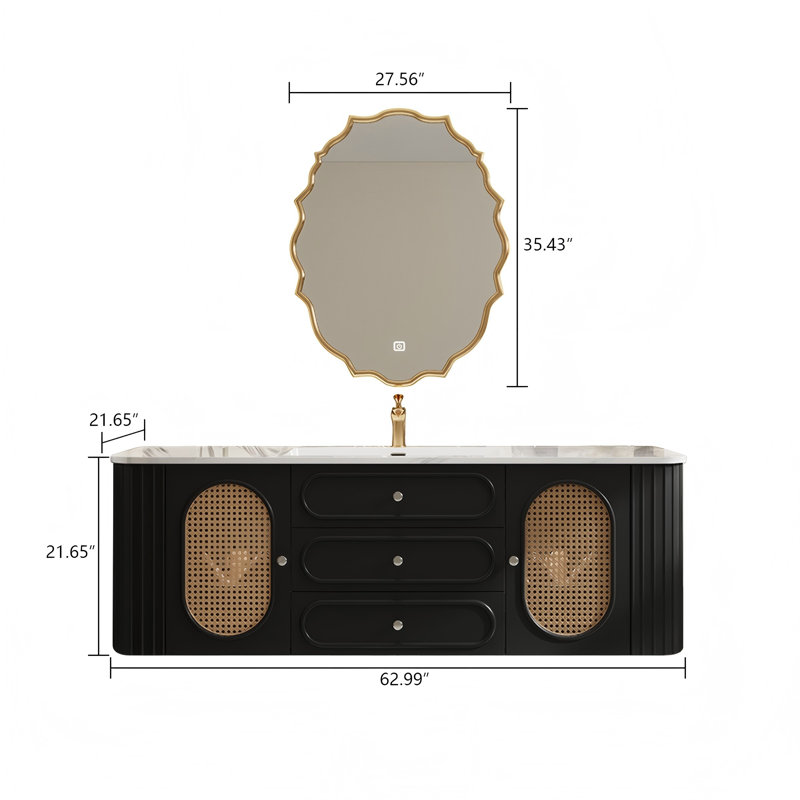 Ensemble de meuble-lavabo mural moderne en bois massif avec miroir intelligent 62,99 po, Noir, 63"