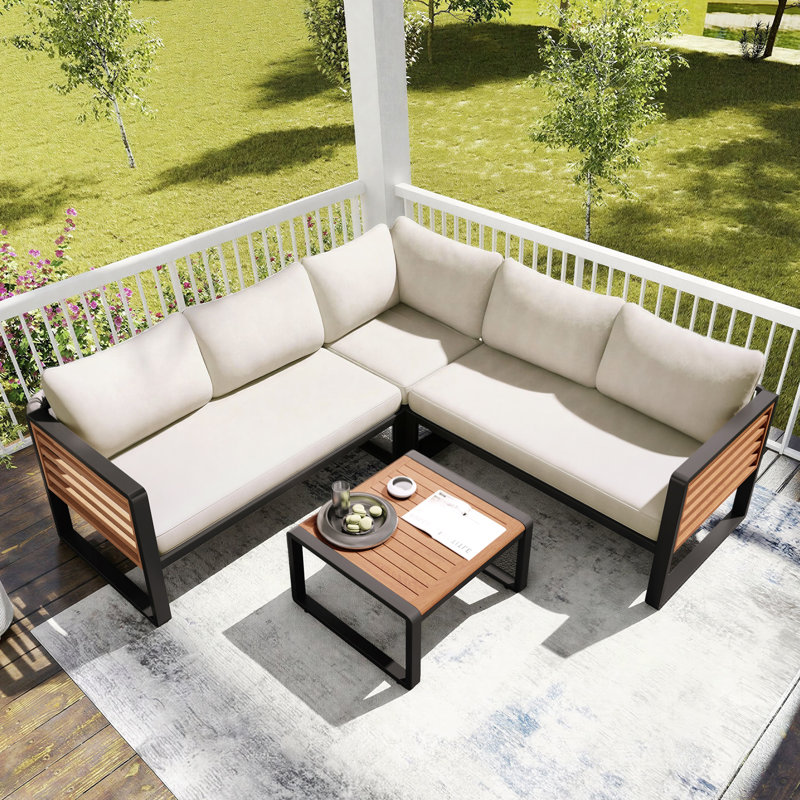 Canapé d'angle pour terrasse pour 5 personnes en L 76 po avec table basse et coussins moelleux, Beige
