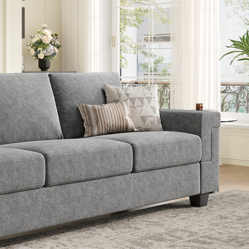 Canapé en polyester à accoudoirs carrés Dereon, H 32,7 po x l 90 po x P 35 po, Gris clair
