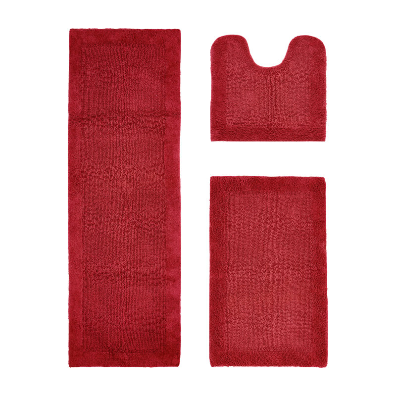 Merkel 100% Cotton Tufted Premium 3 Piece Bathroom Rug Set Machine Washable Extra Soft & Absorbent Reversible Bath Rug, Red
