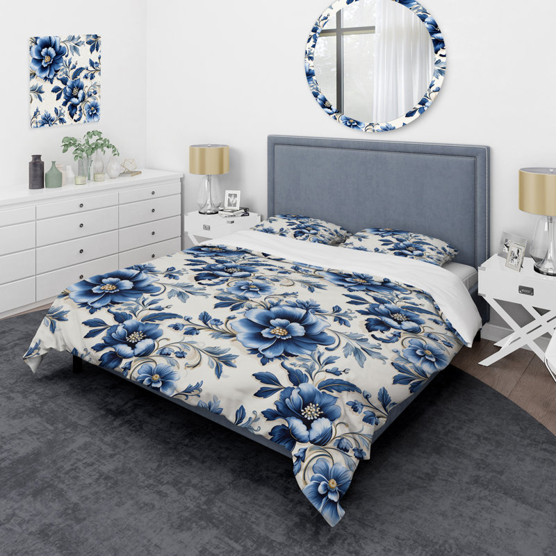 Ensemble de housse de couette à motif victorien Cobalt Mosaics, Housse de couette pour grand lit et 2 taies décor
