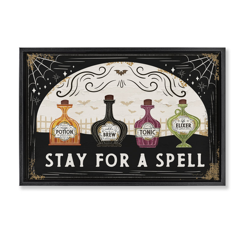 Art mural sur toile Stay For A Spell Floater, design par Jennifer Pugh, Cadre flottant noir de jais, H 21 po x l 31 po