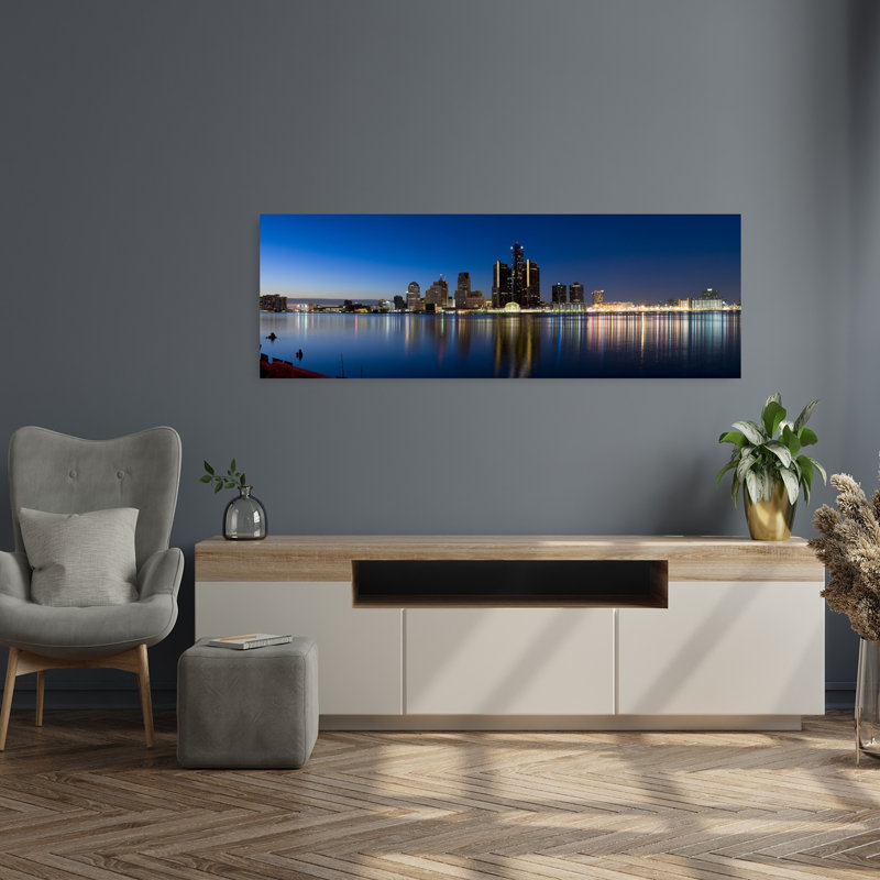 Buildings in a city lit up at dusk Detroit River Detroit Michigan USA 1 Piece Wrapped Canvas Panoramic Wall Art