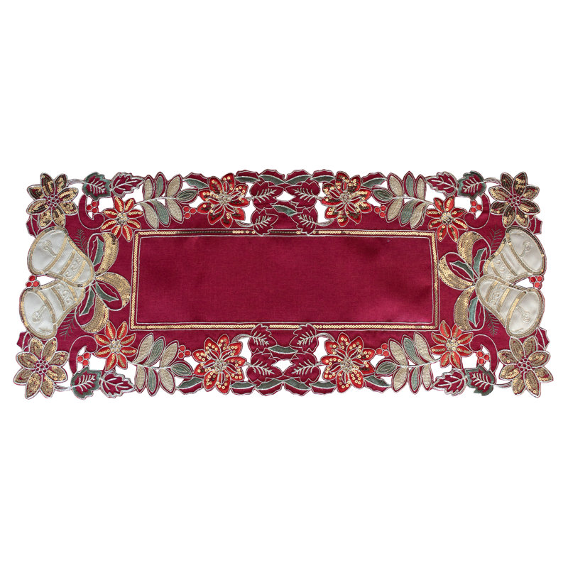 Chemin de table à paillettes dorées et cloches de Noël sur fond rouge, 14 x 90 pouces (35,5 x 229 cm), 14 x 90