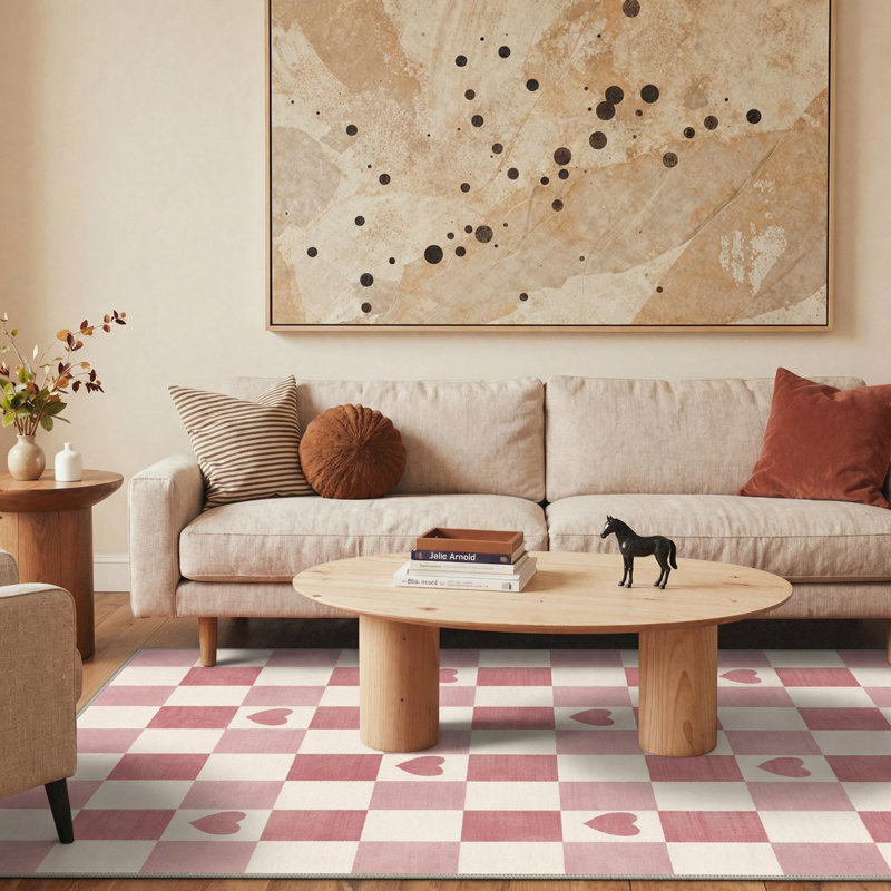Coady Modern Heart Machine Washable Pink / Beige Indoor Area Rug with Non-Slip Backing, Round 5'