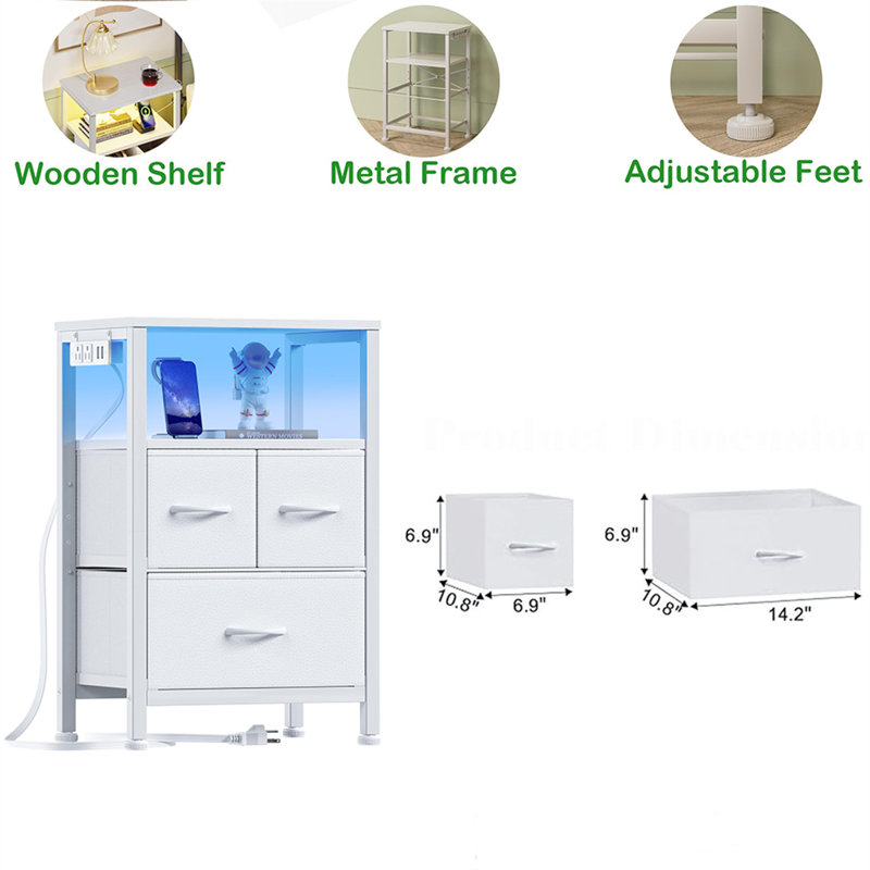 Table de chevet multifonctionnelle avec station de charge, lumières DEL et rangement, Blanc
