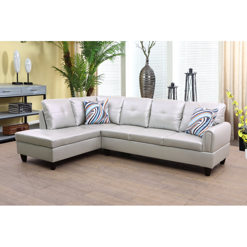 Renford Upholstered L-Shaped Sectional, Left Hand Facing, Silver Faux Leather