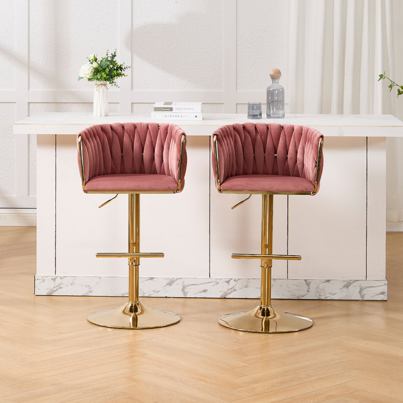 Swivel Adjustable Height Velvet Bar Stool, 2, Pink