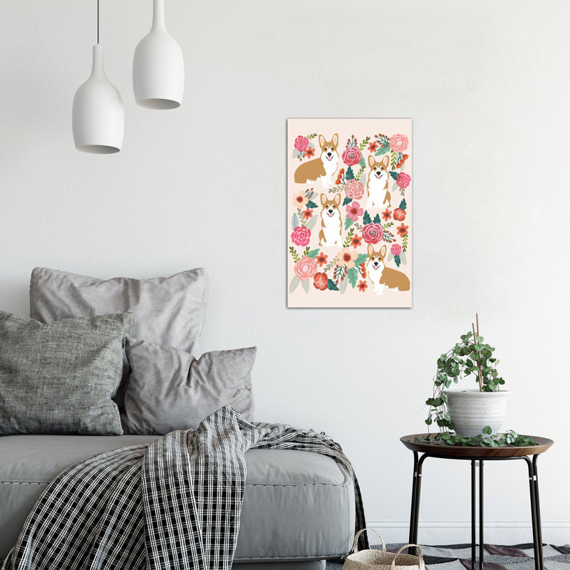 Corgi floral, reproduction d’art sur toile tendue, H 12 po x l 8 po x P 0,75 po, Toile tendue, Pas de tapis