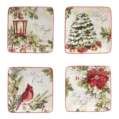 Certified International Silent Night 4-pc. Earthenware Appetizer Plate In Brown;white;green;red;beige