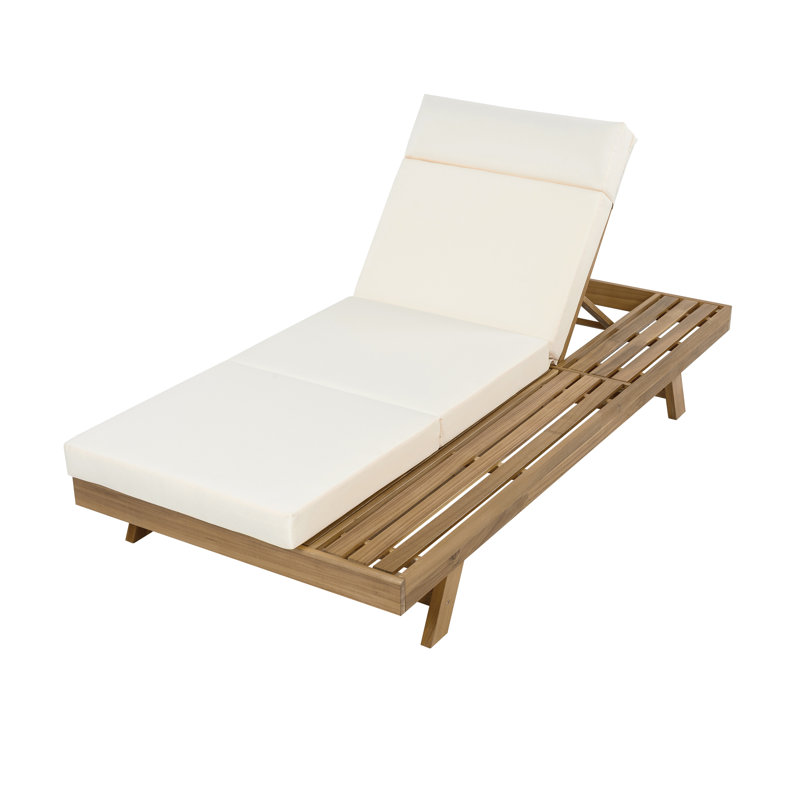 Porter Patio Acacia Wood Chaise Lounge with Adjustable Back & Tri-Fold Headrest Cushion, Beige Cushion/Light Brown Frame