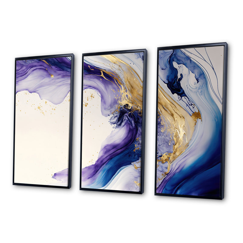 Bleu, or et mauve Splash Paint I - ensemble d'art mural moderne sur toile, Cadre noir, H 28 po x l 36 po x P 1 po