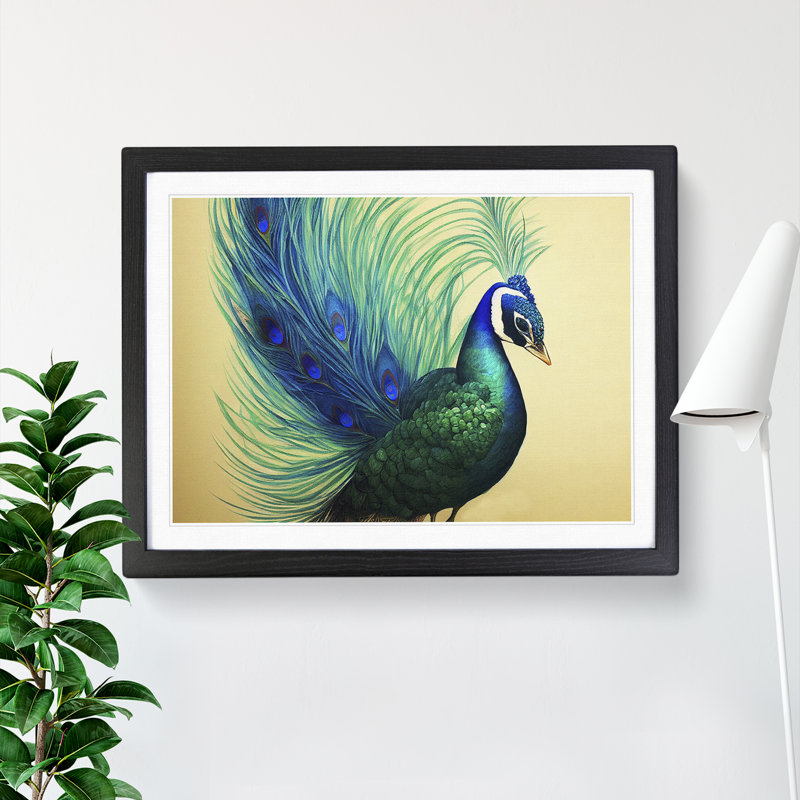 XH1022-6851X Peacock In Watercolour - Picture Frame Print, 46cm H x 64cm W x 2cm D, Black