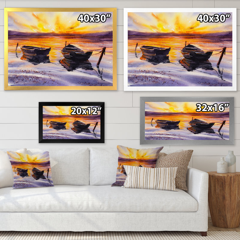 Coucher de soleil et deux petits bateaux qui stationnent sur la rivière - reproduction d'art sur toile nautique et côtière