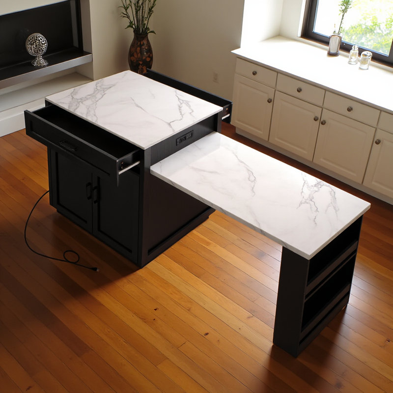 Îlot de cuisine de 82,7 po avec table de salle à manger extensible pour 4 à 6 personnes, table de cuisine en similibable avec rangement double, prise de courant, îlot de cuisine avec rangement 2 tiroirs et 2 tablettes latérales ouvertes, noir
