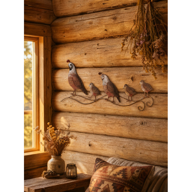 23.25 Inch Wide Quail Family Metal Outdoor Wall Decor with Multi Color Weather Resistant Finish for Indoor and Outdoor Home Accent