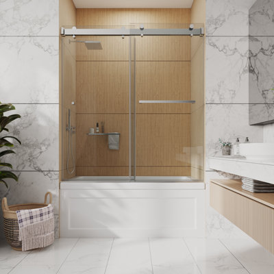 56" - 60" W X 66" H Frameless Double Sliding Soft Closing Bathtub Glass Shower Doors | 3/8" Tempered Clear Glass | Leak-Proof Precision | Durable Stainless-Steel Hardware