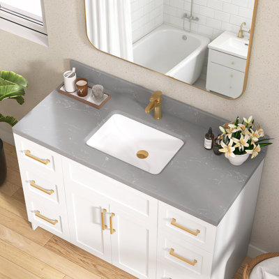 48'' W X 22'' D Engineered Stone Gray Vanity Top Drop-in Single Sink Countertop Rectangular Center Drain Top Undermount Ceramic Sink with 4 In. H Backsplash & A Pre-drilled Faucet Hole