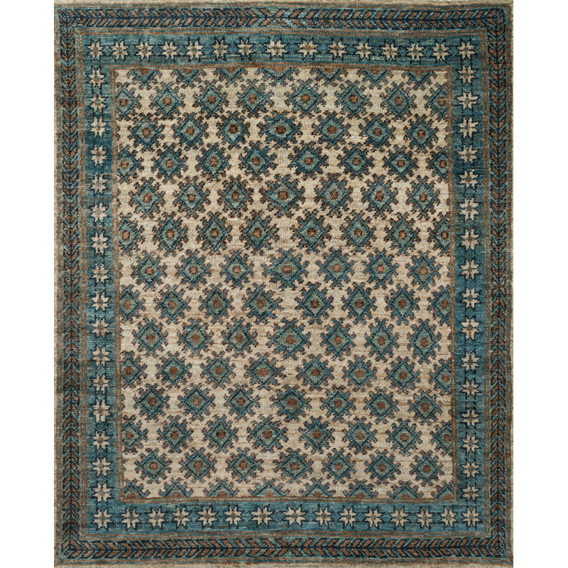 Motif géométrique noué à la main de couleur beige/Tapis décoratif océan Nomad, Rectangle 5 pi 6 po x 8 pi 6 po