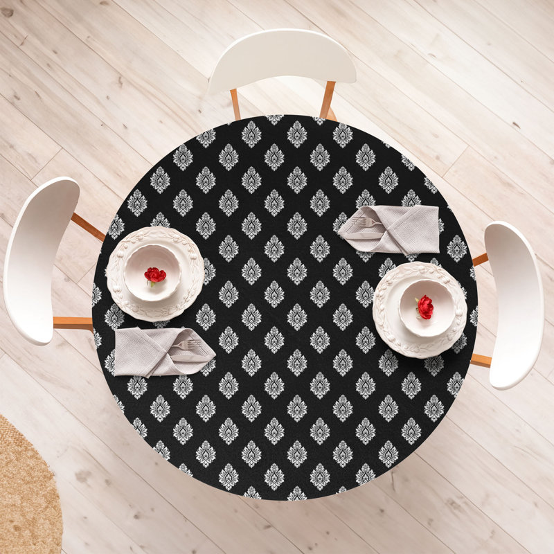 Winston Porter Vintage Fitted Round Tablecloth Charcoal Grey and White, 64.17" Round