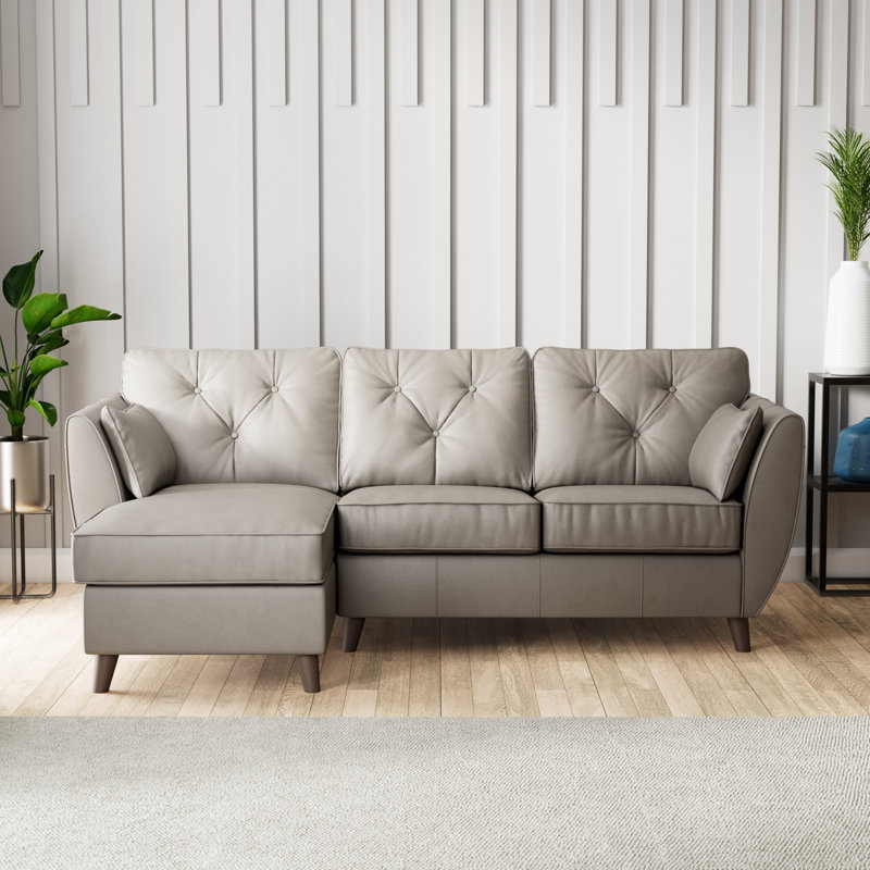 Hoxton 3 Seater Leather Maxi Sofa Chaise, Left Hand Facing, Stone Grey, Dark Wood